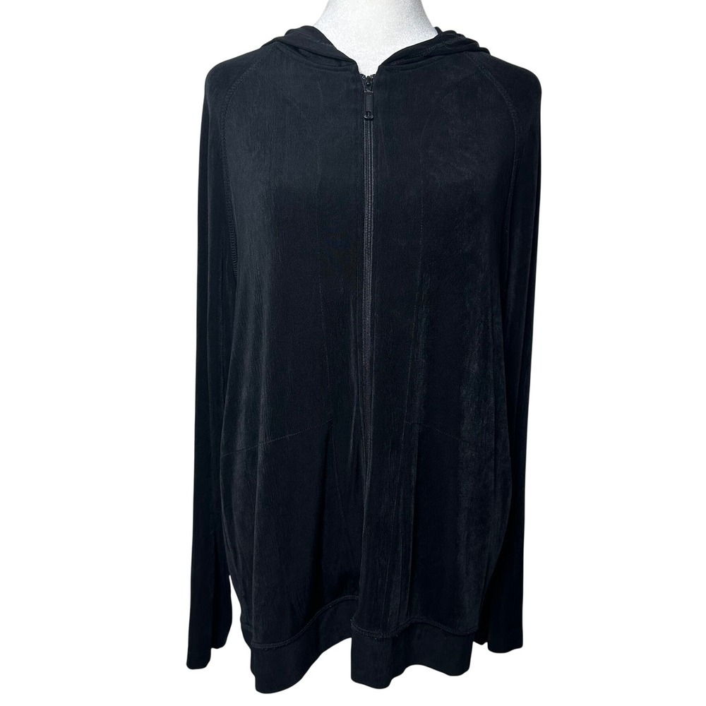 Chico's Travelers Zip Hoodie Size 3 Cardigan Black Slinky Knit Ribbed Casual